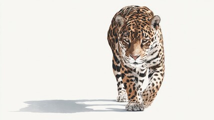 Jaguar walking forward isolated on white background with shadow