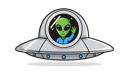 Cartoon alien waving from a silver flying saucer