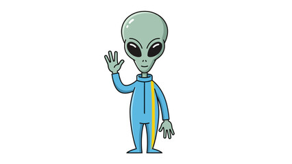 Cartoon alien waving wearing a blue jumpsuit