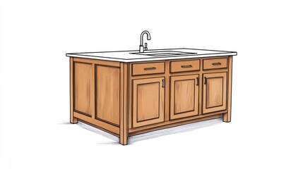 Illustrated kitchen island with sink and cabinets against white background