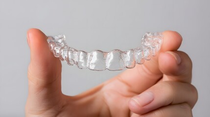Close-up of a hand holding a clear, transparent dental aligner against a gray background.