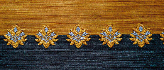 Golden textile woven fabric ethnic pattern lotus motif ornamental border traditional design silk texture blue accent gold thread handwoven craft conveys warmth and cultural elegance detailed weave