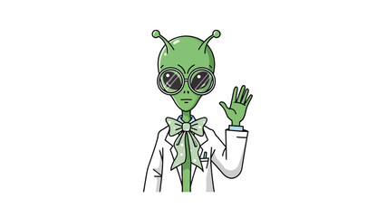 Cartoon alien wearing glasses and a lab coat waving hello