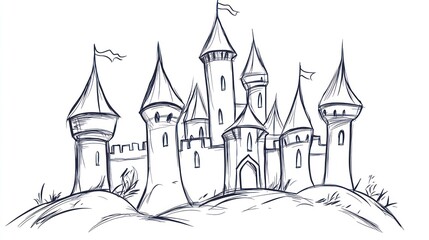Ink drawing of a fairytale castle with towers and flags on a hill