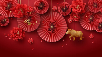 Lunar new year festival decoration over red background, traditional paper fans and zodiac animal figure, banner format, cultural celebration theme, prosperity symbols, with copy sp