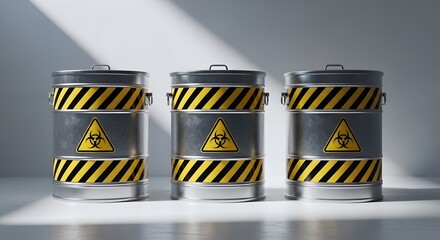 Three metal barrel with biohazard symbol. Chemical waste barrel for toxic waste danger or biomedical waste disposal. Hazardous material storage.