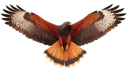 Majestic hawk in flight with wings spread against a clean white backdrop