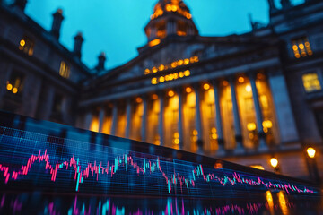 Bank building lit at night with stock market display in front Generative AI