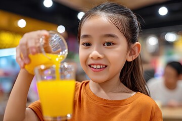 Asian child joyfully pouring orange juice into a glass, showcasing a vibrant scene filled with cheerful ambiance and playful energy in a lively setting