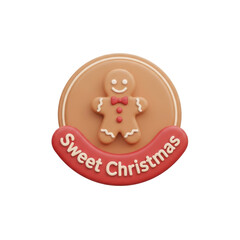 Fototapeta premium A gingerbread man cookie with a red bow on a round cookie with Sweet Christmas written on it