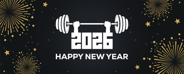 Festive black banner with bold white 2025 Happy New Year typography, surrounded by elegant golden fireworks and sparkling stars, perfect for holiday greetings, celebrations, party invitations. © bibin