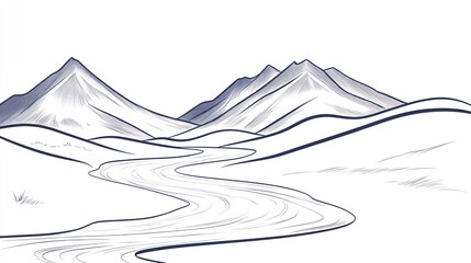 Mountain landscape illustration depicting natural scenery with flowing river and sky