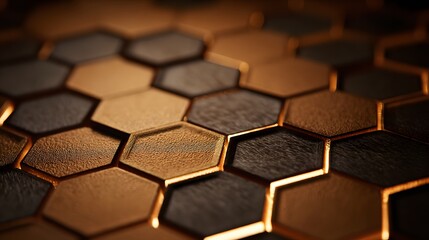 Close-up of a hexagonal pattern with varying shades of brown and black, creating a textured surface.