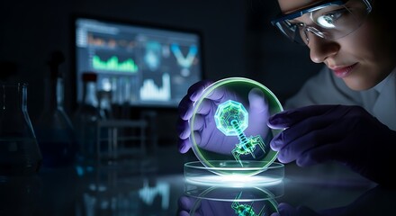 Female scientist in laboratory examining a glowing bacteriophage hologram in a petri dish for genetic engineering and virology research.