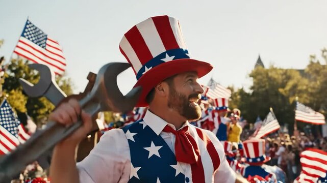 Man dressed as uncle sam celebrating with a large wrench at a parade