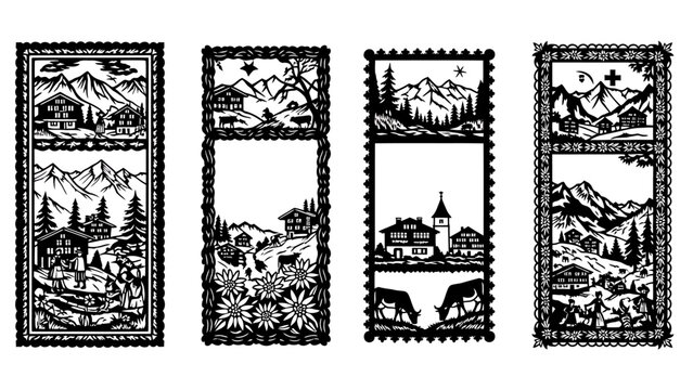 Alpine Village Scenery Paper Cutouts.