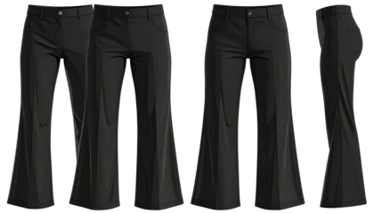 Four views of flared black trousers, with button and front pockets