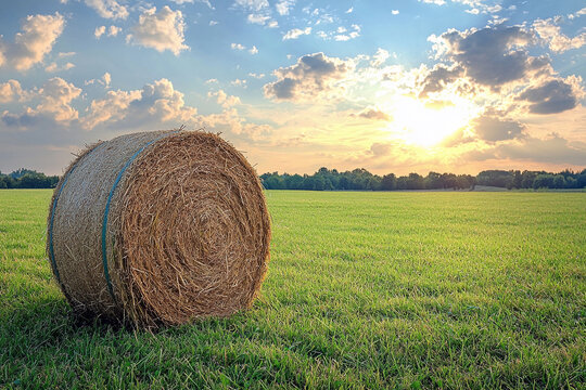 Round hay bale rests on green field with sunset view Generative AI - Powered by Adobe