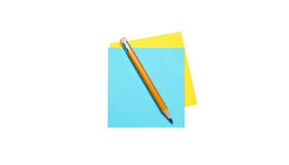 A pencil rests atop a blue sticky note with a yellow one beneath it