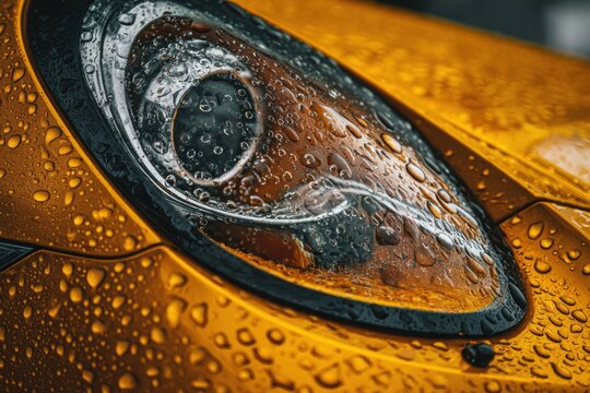 Water drops are visible on the headlight of an orange car parked in a city. The weather is cloudy with rain