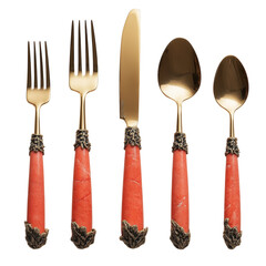 Luxury cutlery set with red handles and gold tops