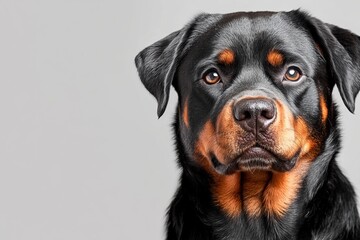 Obraz premium Confident Mature Rottweiler Dog Portrait with Intense Gaze and Beautiful Eyes, Purebred Guard Dog