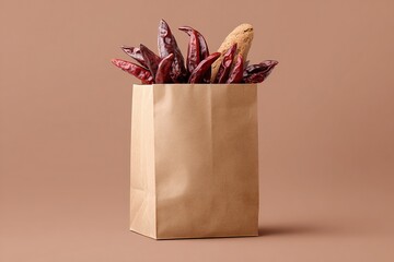 Brown paper grocery bag filled with dried red chilies and a piece of bread on a brown background