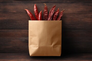 Brown paper bag filled with dried red chili peppers on a dark wooden background
