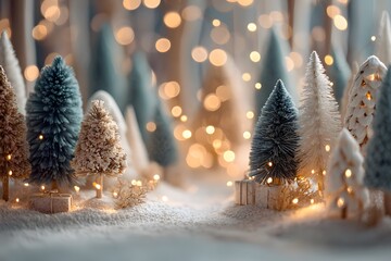 Whimsical miniature winter forest made of bottle-brush trees and fake snow features tiny wrapped gifts and magical golden fairy lighting.
