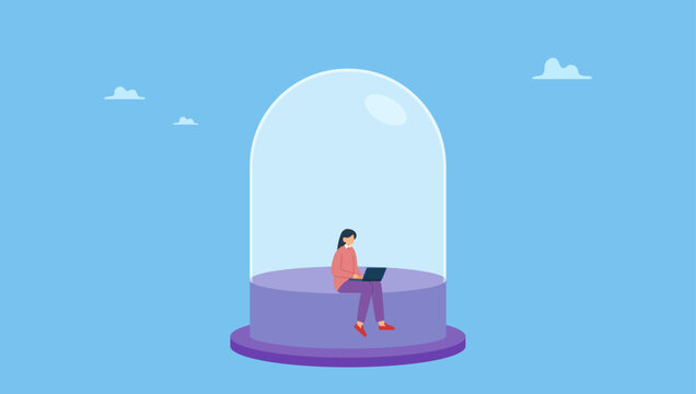 Introvert woman working alone with computer laptop covered inside glass dome. Introvert working space, privacy to work individual, employee work productively when working alone.