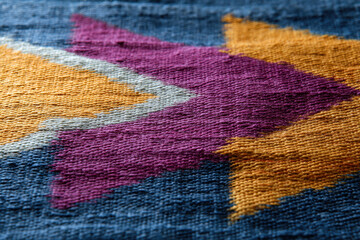 Fototapeta premium Colorful textile woven fabric ethnic pattern geometric design diamond motif stepped shapes purple accent mustard accent blue background closeup texture with cozy mood and cultural charm
