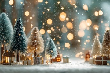 Whimsical miniature winter forest made of bottle-brush trees and fake snow features tiny wrapped gifts and magical golden fairy lighting.