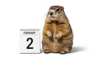 A groundhog stands beside a calendar showing February 2nd. Perfect for celebrating Groundhog Day.