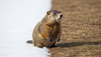A marmot stands upright beside retreating snow on dry grass. Bright daylight suggests early spring morning.
