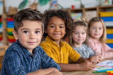 Obraz premium Happy multicultural children smiling brightly in a lively playroom, surrounded by toys that enhance the playful and carefree mood of childhood.
