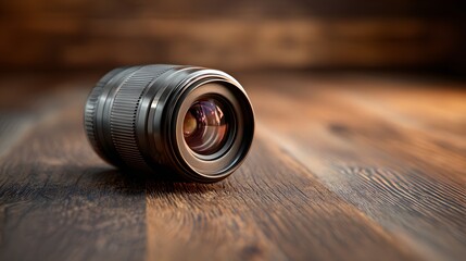 Close-up of a professional camera lens resting on a wooden surface, capturing light and detail.