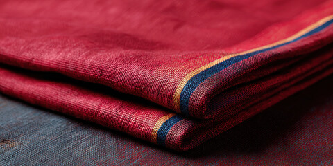 Folded red textile fabric border stripe detail woven cloth texture rustic cotton material handwoven craft soft drape closeup macro ethnic pattern traditional style cozy mood