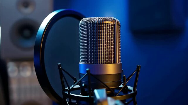 Professional condenser microphone with blue glowing ring on stand in dark studio surrounded by speakers sound equipment