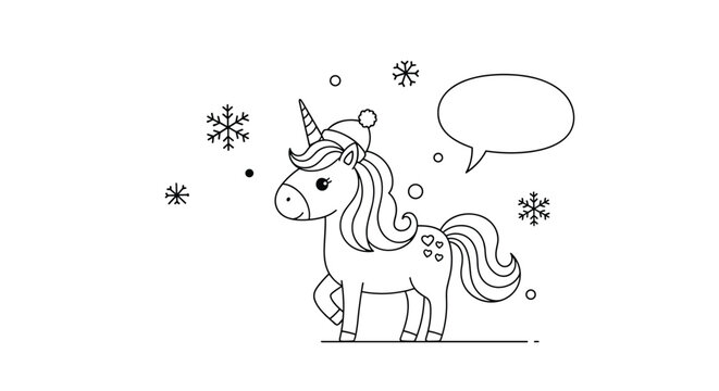 Cute unicorn character wearing a winter hat surrounded by snowflakes and a speech bubble in a black and white coloring book style.