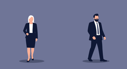 Professional business people in suits walking separately against a dark blue background representing corporate life and career.