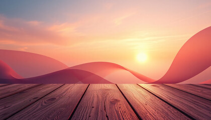 A warm sunset glows over a rustic wooden table on a sandy beach landscape with orange clouds and distant desert mountain dunes at dusk