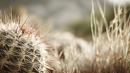 Close-up of a spiky cactus with blurred background and dry grass, desert scene.