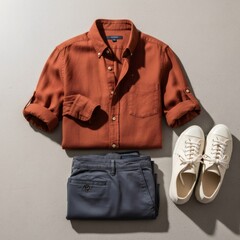 Fashionable outfit arrangement featuring shirt, shoes, and trousers laid out on a grey background