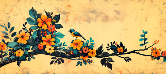 Banner floral estilo retro con ave peque&ntilde;a, hojas oscuras y fondo beige desgastado para invitaciones o encabezados web.
