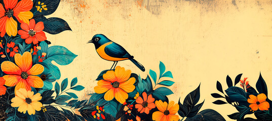 Ilustraci&oacute;n panor&aacute;mica vintage de un p&aacute;jaro azul y amarillo sobre flores naranjas, con textura grunge y espacio para texto.