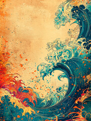 lustraci&oacute;n vertical de una gran ola oce&aacute;nica estilo japon&eacute;s con textura grunge, salpicaduras de pintura y espacio para texto. Fondo art&iacute;stico de ola de mar gigante estilo Ukiyo-e con dise&ntilde;o retro desg