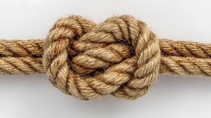 Close-up of a tightly knotted rope, showcasing texture and detail against a white backdrop.
