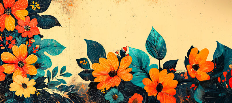 Borde floral vintage panor&aacute;mico con flores naranjas y hojas azules sobre fondo de textura grunge beige con espacio de copia.