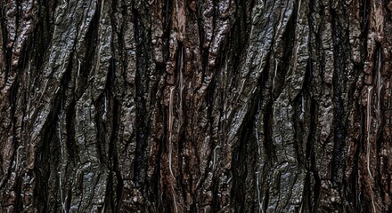 Obraz premium Close-up texture of dark, wet, and rough tree bark with deep vertical grooves and glistening highlights, showcasing natural organic patterns.