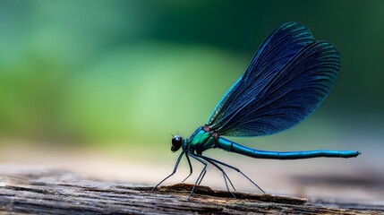 Close-up of a vibrant blue dragonfly perched on a wooden surface, nature photography.